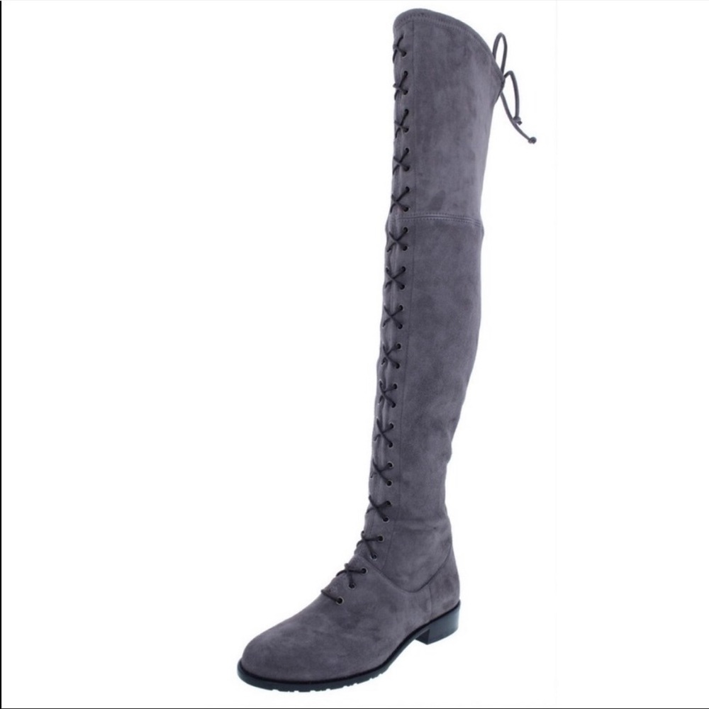 Stuart Weitzman Exes Londra Grey Suede Lace Up OTK Boots Size 9.5